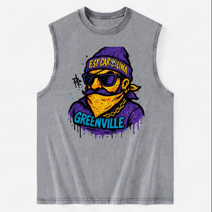 Greenville Pirate wearing East Carolina beanie with skull patch - Vintage Washed Tank - Grey