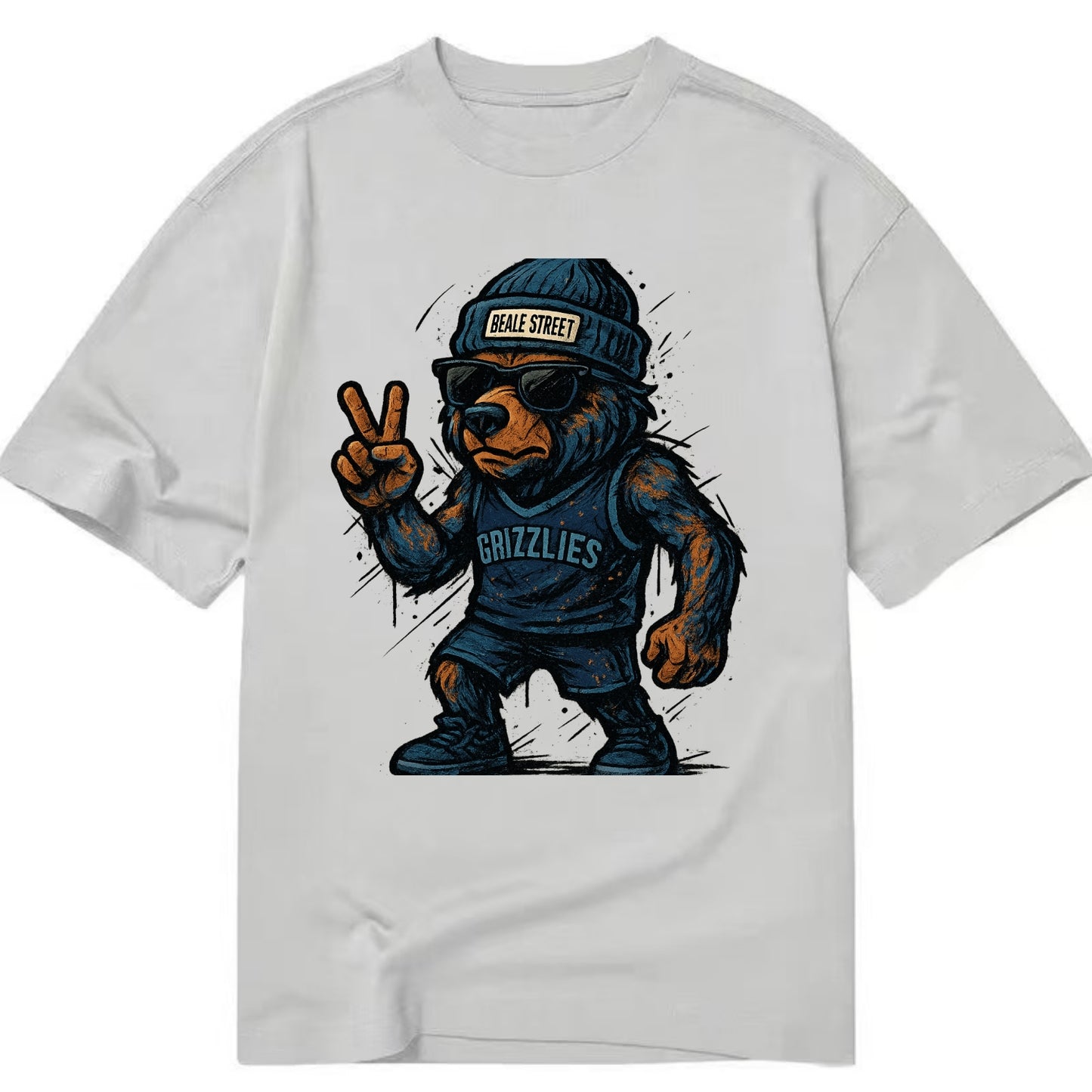 Memphis Grizzly Bear wearing Grizzlies navy and light blue beanie with Beale - Classic T-shirt - Grey