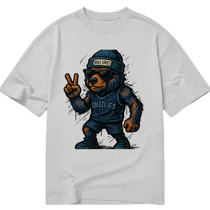 Memphis Grizzly Bear wearing Grizzlies navy and light blue beanie with Beale - Classic T-shirt - Grey