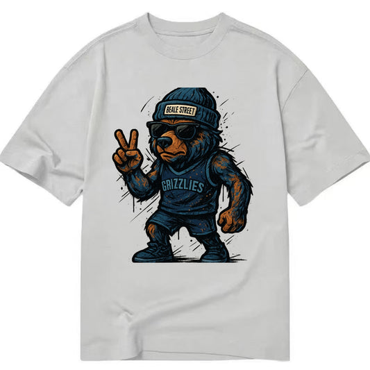 Memphis Grizzly Bear wearing Grizzlies navy and light blue beanie with Beale - Classic T-shirt - Grey