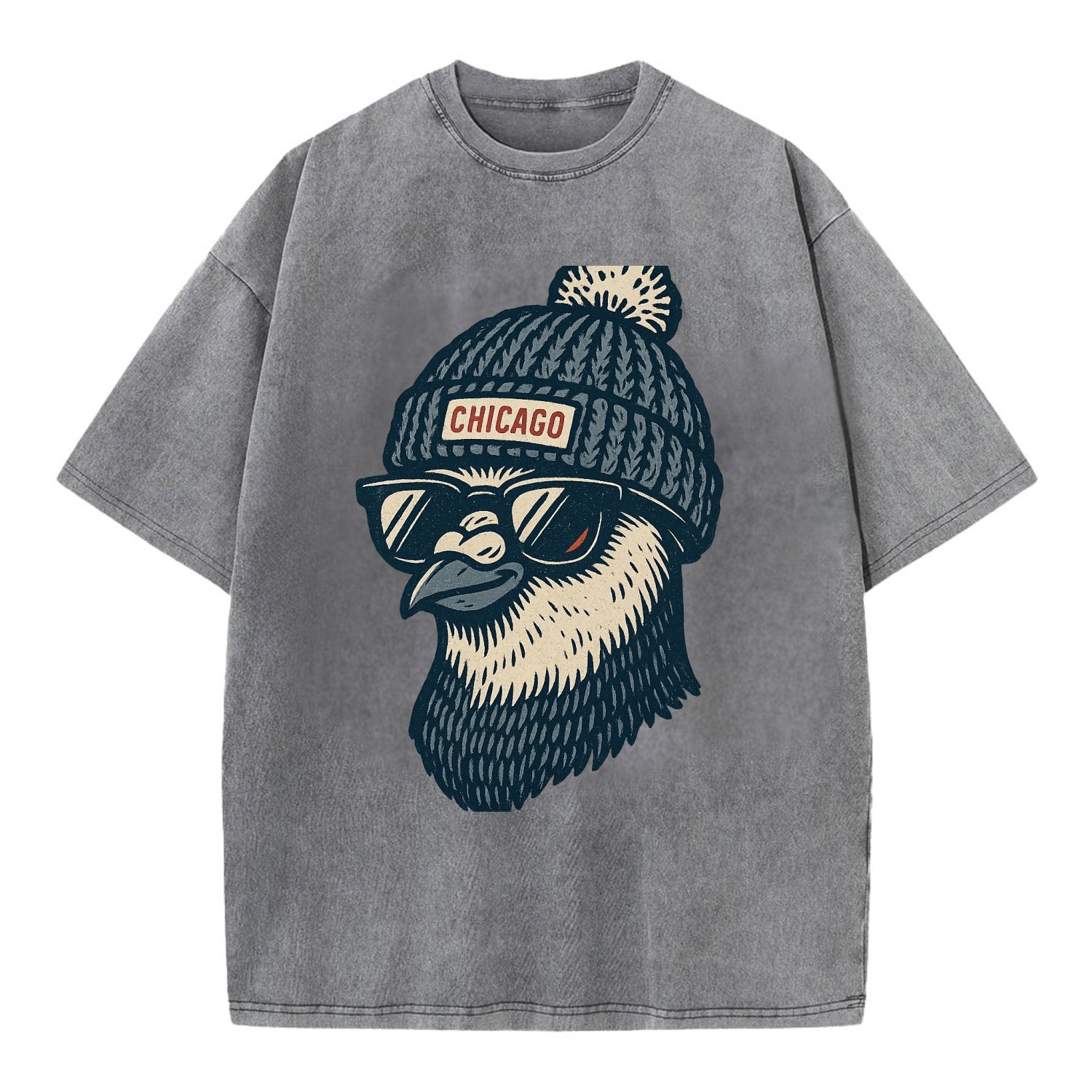 Chicago Pigeon wearing Chicago beanie with pom pom and wayfarer sunglasses - Vintage T-shirt - Grey