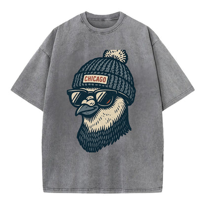 Chicago Pigeon wearing Chicago beanie with pom pom and wayfarer sunglasses - Vintage T-shirt - Grey