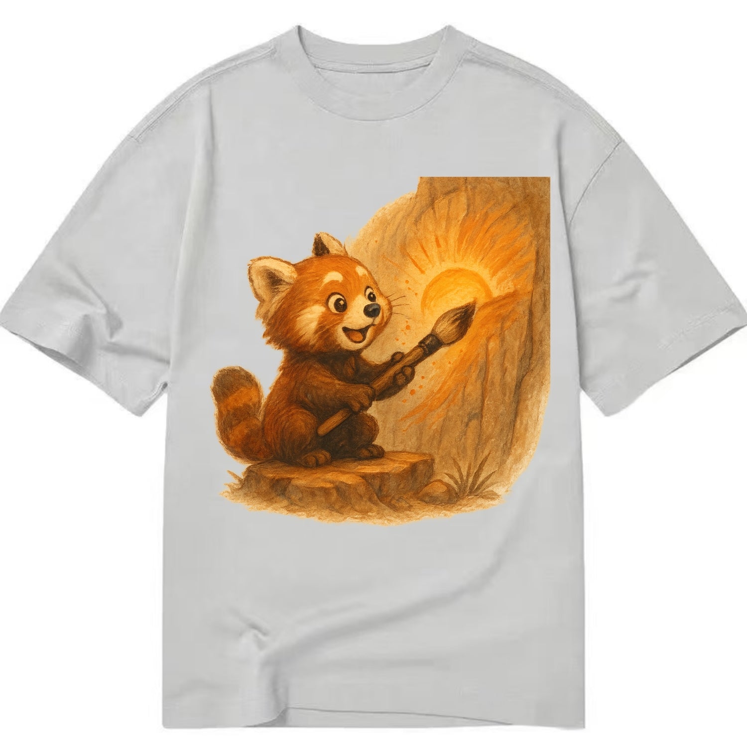 Red panda painting a sunrise mural with an oversized calligraphy brush on a cliff - Classic T-shirt - Grey