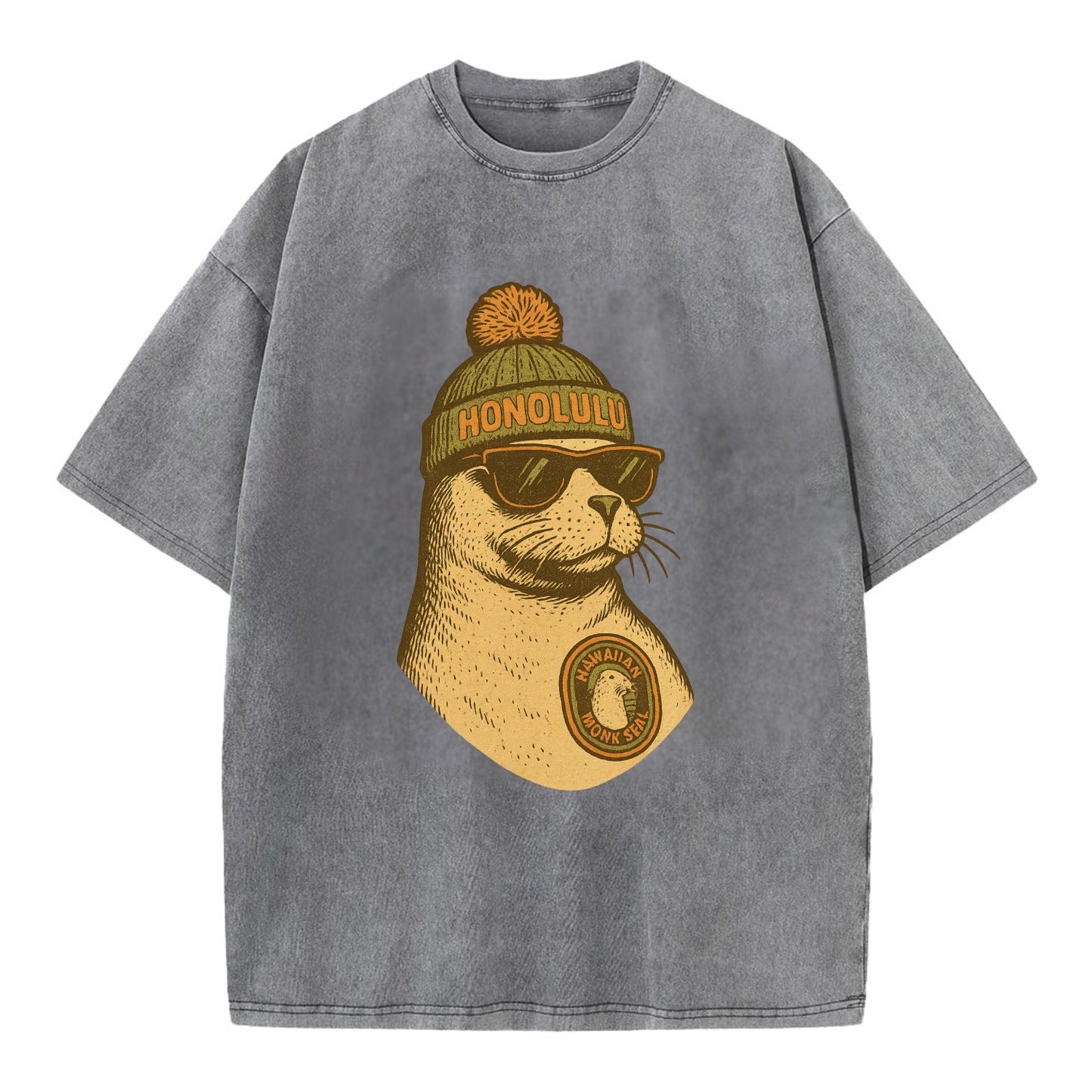 Hawaii Monk Seal wearing Honolulu beanie with pom pom and wayfarer sunglasses - Vintage T-shirt - Grey