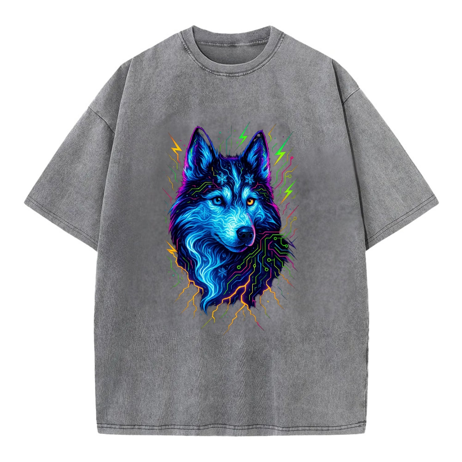 Siberian husky with ice-crystal flowing patterns, electric blue and white swirls, - Vintage T-shirt - Grey