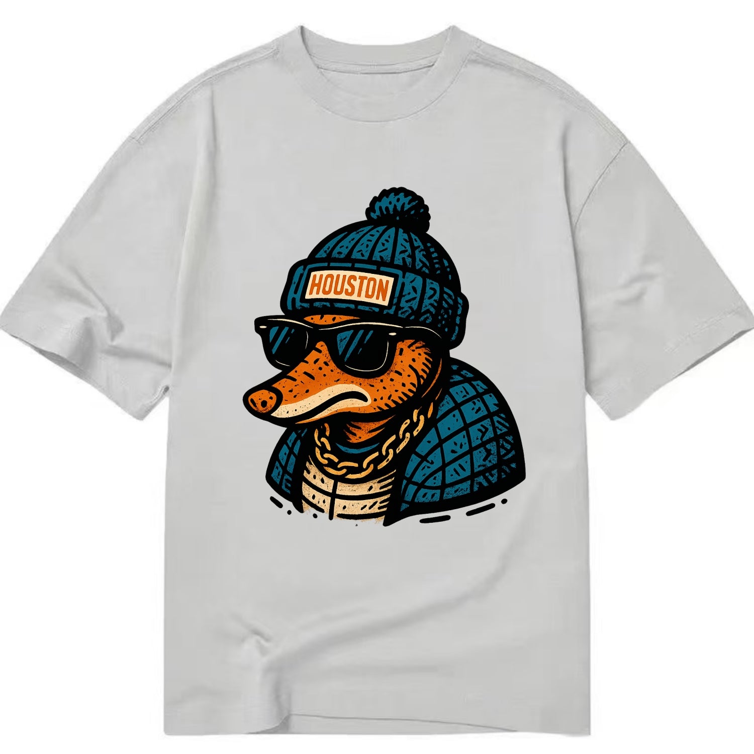 Houston Armadillo wearing Houston beanie with pom pom and wayfarer sunglasses - Classic T-shirt - Grey