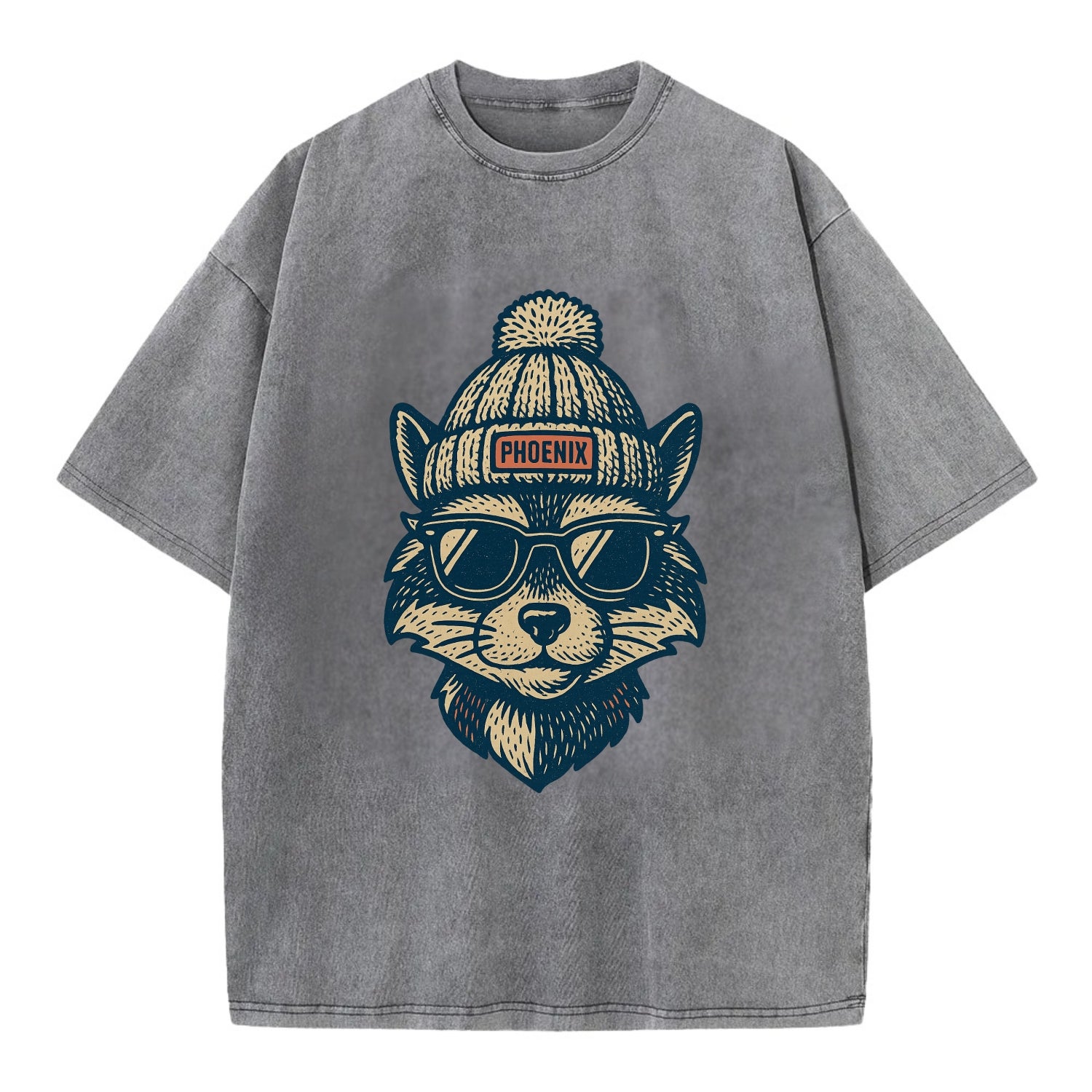 Arizona Ringtail wearing Phoenix beanie with pom pom and wayfarer sunglasses - Vintage T-shirt - Grey