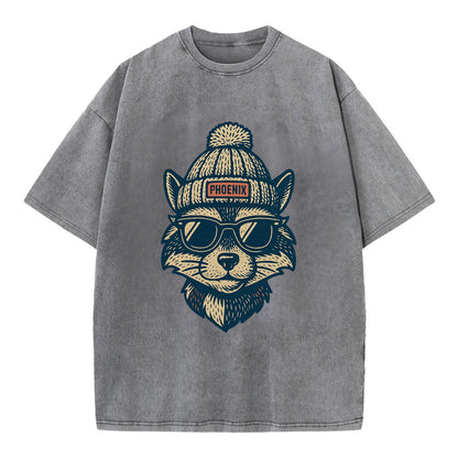 Arizona Ringtail wearing Phoenix beanie with pom pom and wayfarer sunglasses - Vintage T-shirt - Grey