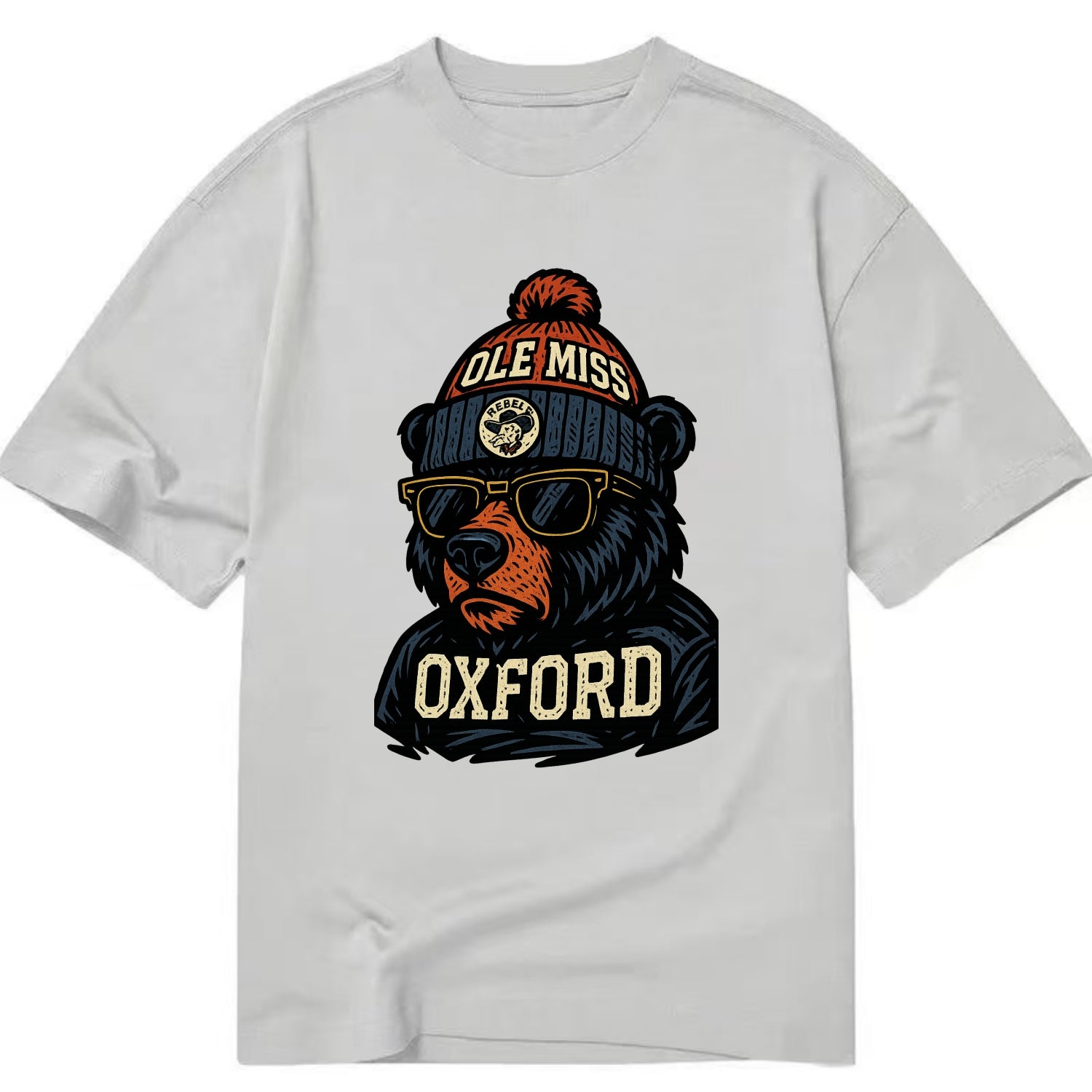 Oxford Black Bear wearing Ole Miss beanie with rebel patch - Classic T-shirt - Grey