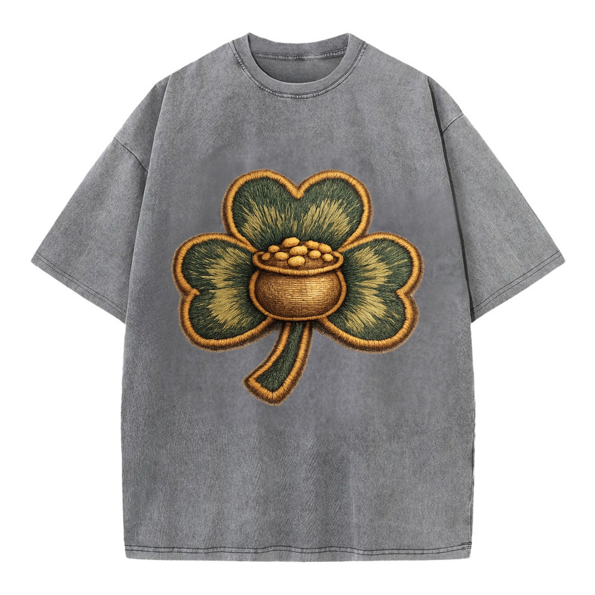 ST PATRICKS CLOVER - lucky clover with gold in green and gold , Irish luck - Vintage T-shirt - Grey