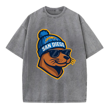 San Diego Sea Lion wearing Chargers beanie with bolt patch and wayfarer sunglasses - Vintage T-shirt - Grey