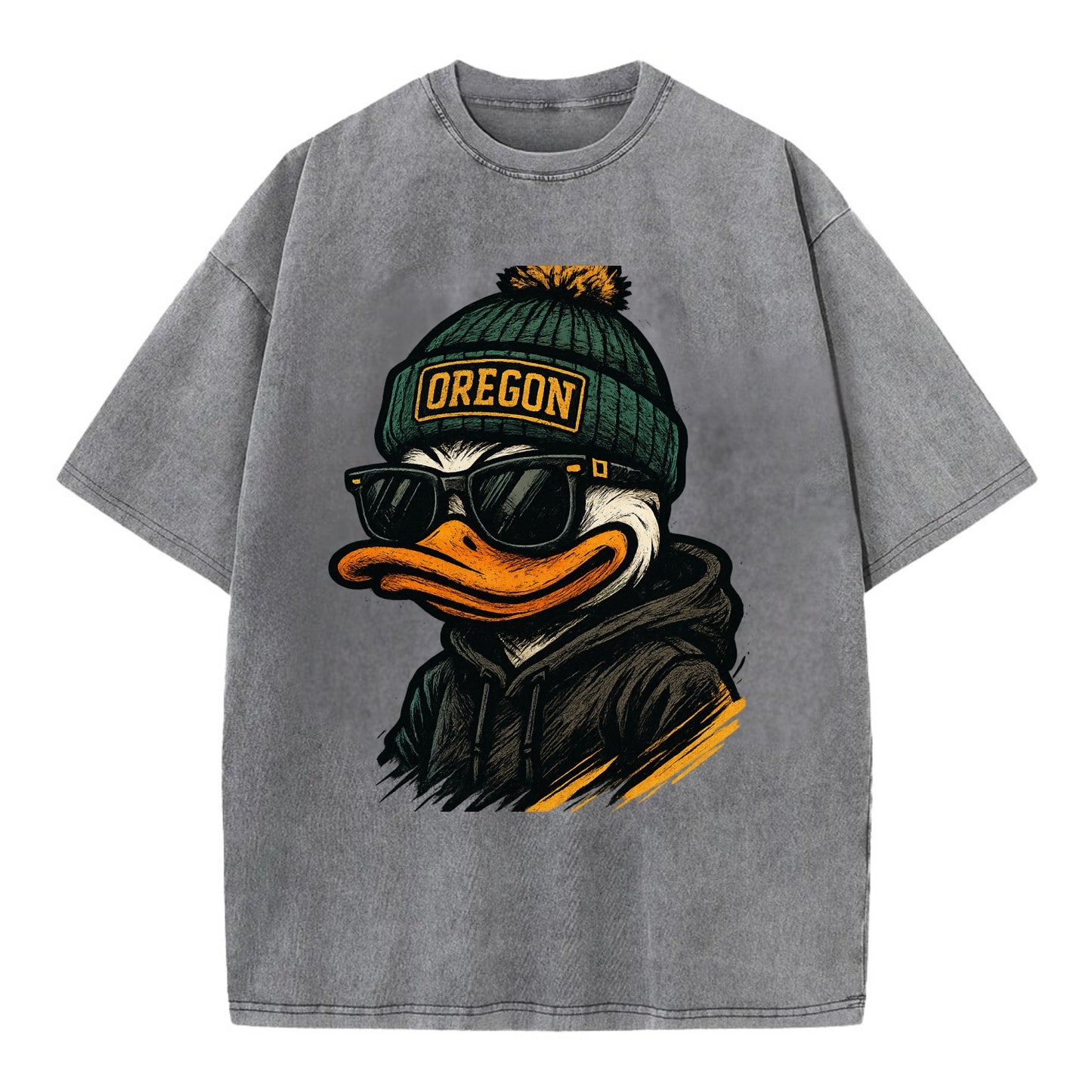 Eugene Duck wearing Oregon beanie with O patch - Vintage T-shirt - Grey