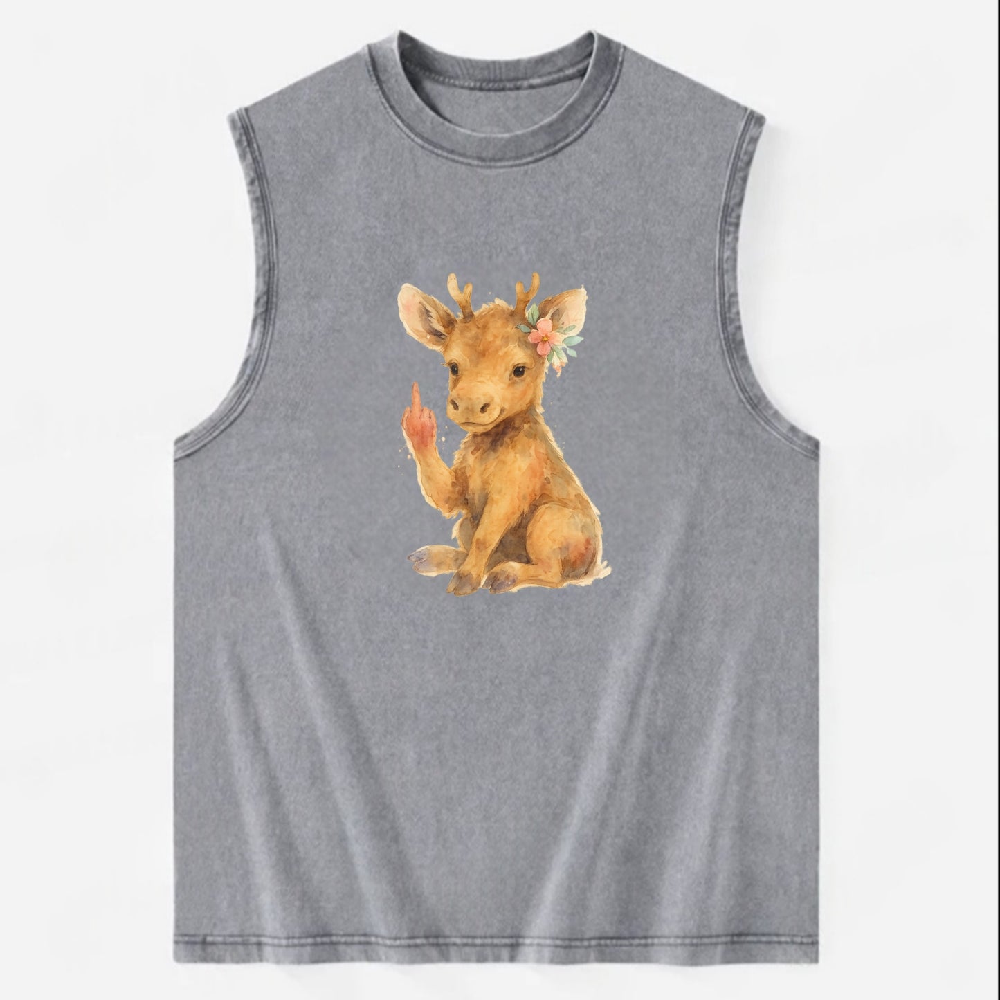 baby moose with adorable tiny antlers, one hoof raised in attitude - Vintage Washed Tank - Grey