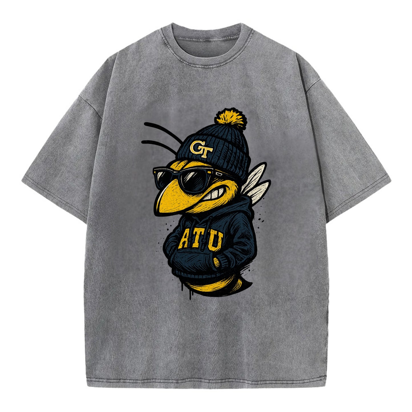 Atlanta Yellow Jacket wearing Georgia Tech beanie with GT patch - Vintage T-shirt - Grey