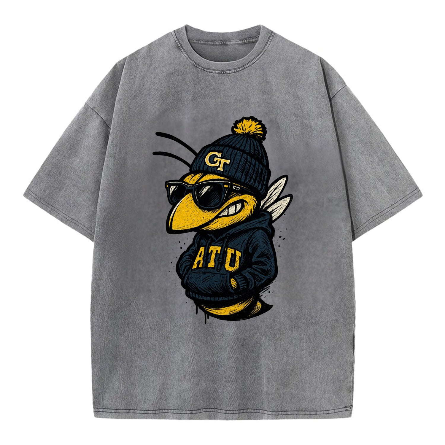 Atlanta Yellow Jacket wearing Georgia Tech beanie with GT patch - Vintage T-shirt - Grey