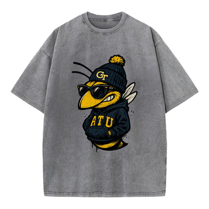 Atlanta Yellow Jacket wearing Georgia Tech beanie with GT patch - Vintage T-shirt - Grey