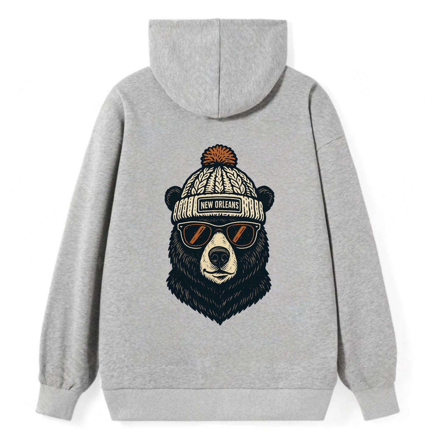 Louisiana Black Bear wearing New Orleans beanie with pom pom and wayfarer - Classic Pullover Hoodie - Grey
