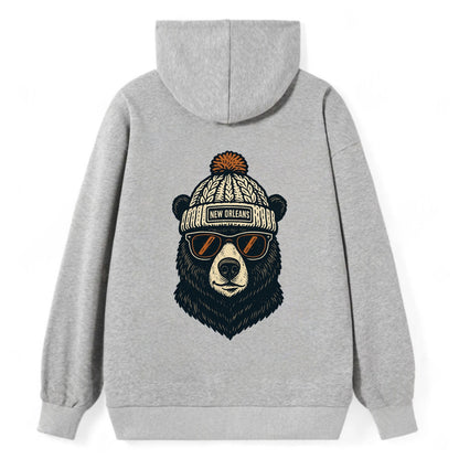 Louisiana Black Bear wearing New Orleans beanie with pom pom and wayfarer - Classic Pullover Hoodie - Grey
