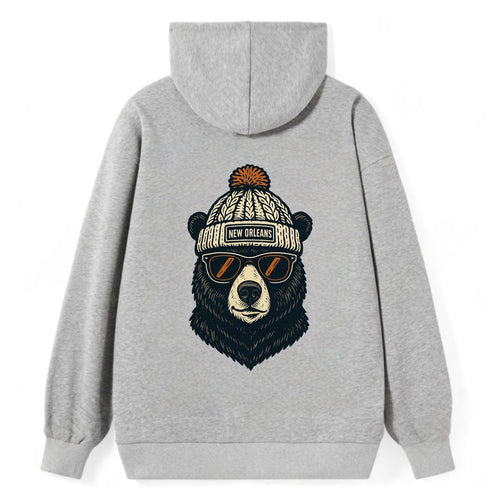Louisiana Black Bear wearing New Orleans beanie with pom pom and wayfarer - Classic Pullover Hoodie