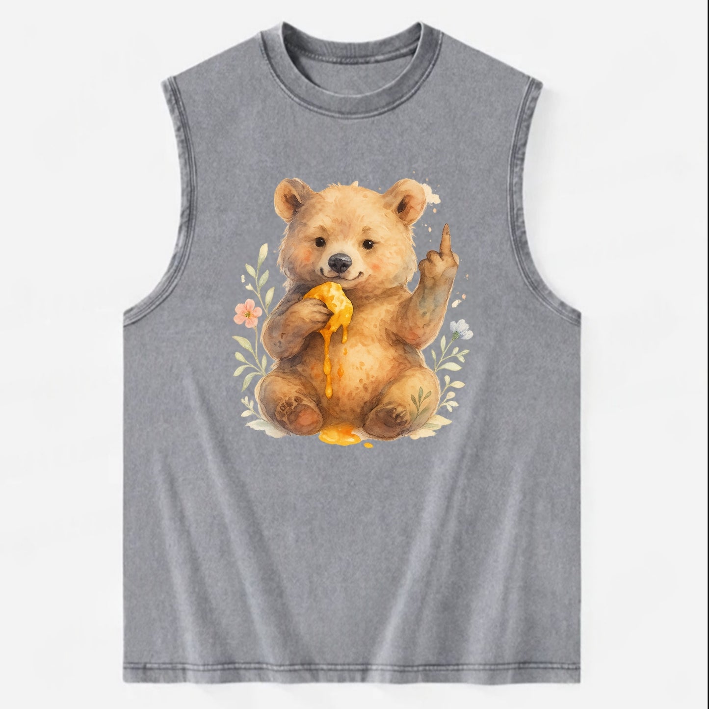 chubby bear cub eating dripping honey, sticky paw up with middle finger - Vintage Washed Tank - Grey