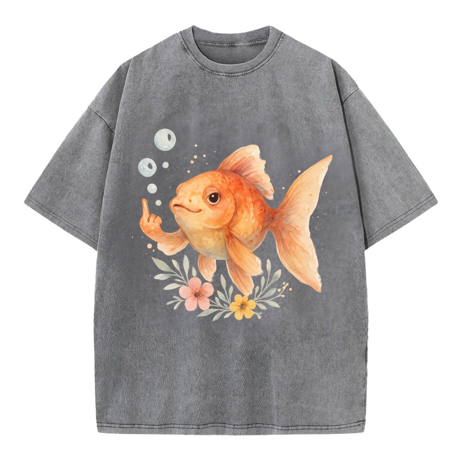 chubby goldfish blowing bubbles, one fin extended like middle finger - Vintage T-shirt - Grey