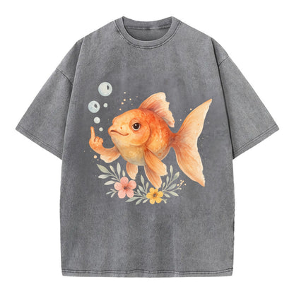 chubby goldfish blowing bubbles, one fin extended like middle finger - Vintage T-shirt - Grey