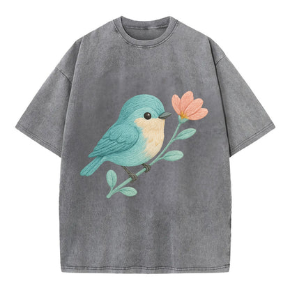 Aqua Chickadee - Vintage T-shirt - Grey