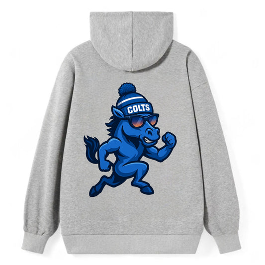 Indianapolis Colt Horse wearing Colts blue and white beanie with pom pom - Classic Pullover Hoodie - Grey
