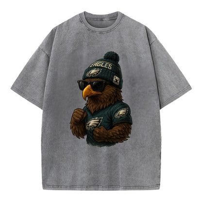 Philly Hawk wearing Eagles beanie with Rocky patch and wayfarer sunglasses - Vintage T-shirt - Grey