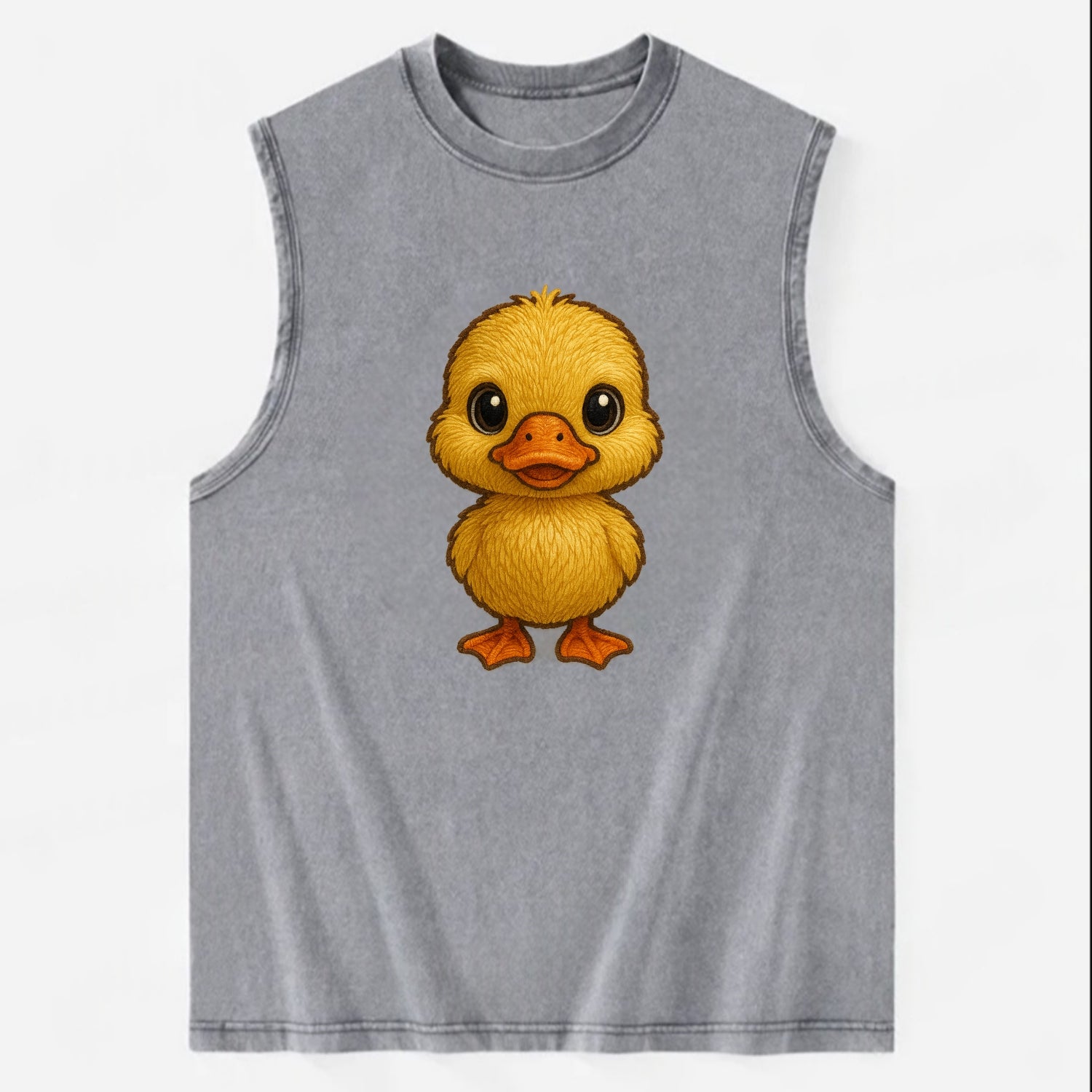 Baby Duck Duckling - yellow fluffy, orange beak, bright eyes, front-facing, - Vintage Washed Tank - Grey