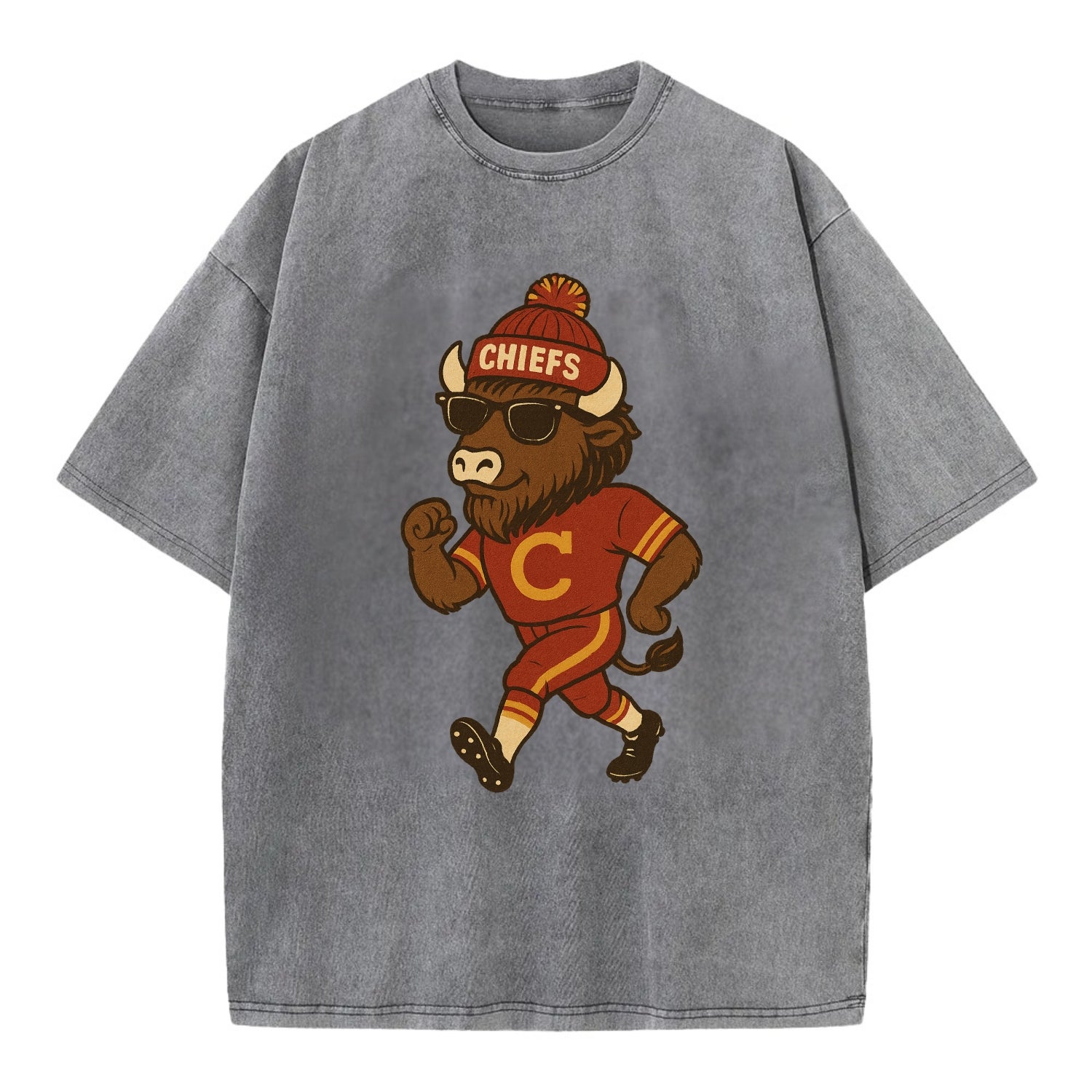 KC Bison wearing Chiefs beanie with arrowhead patch and wayfarer sunglasses - Vintage T-shirt - Grey