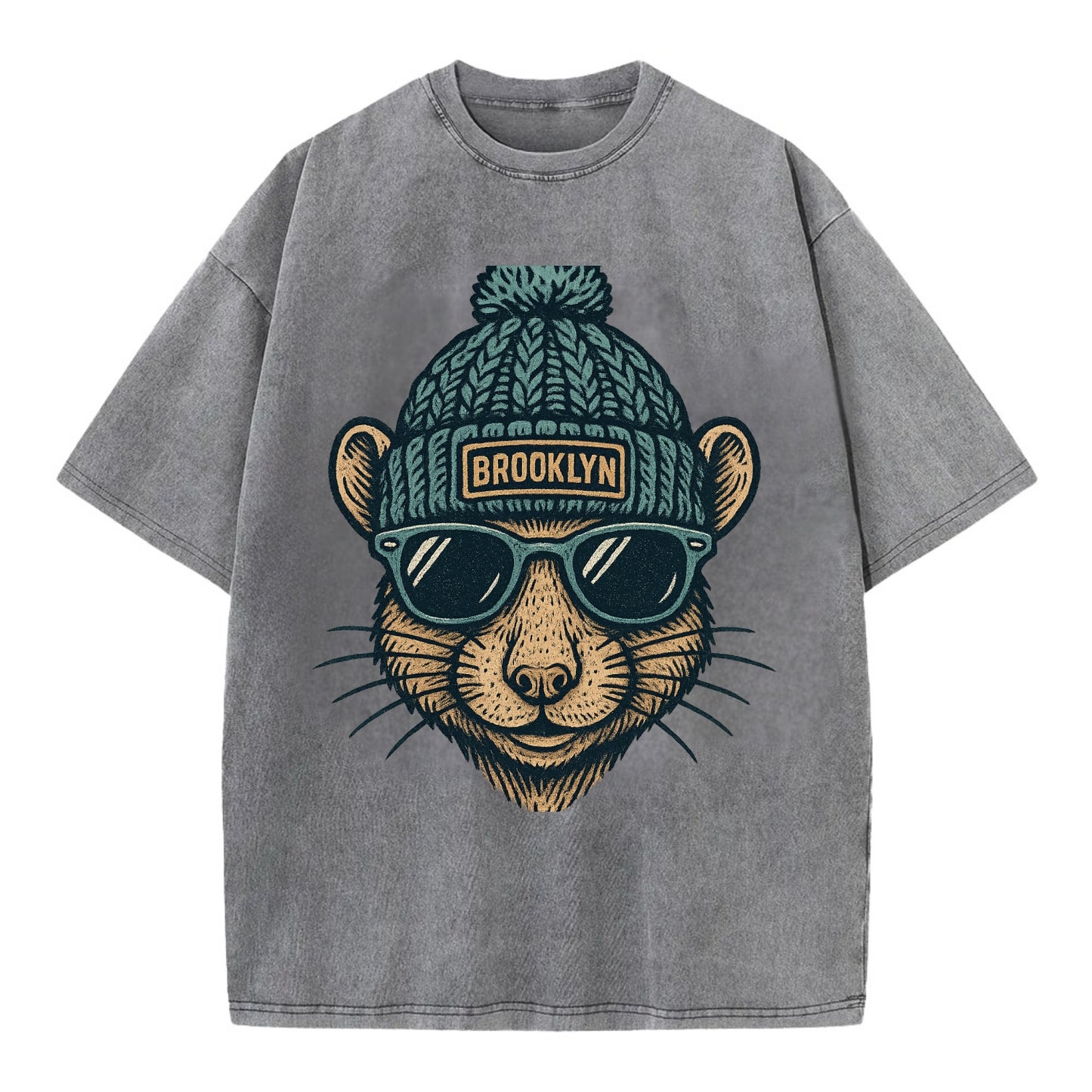 NYC Rat wearing Brooklyn beanie with pom pom and wayfarer sunglasses - Vintage T-shirt - Grey