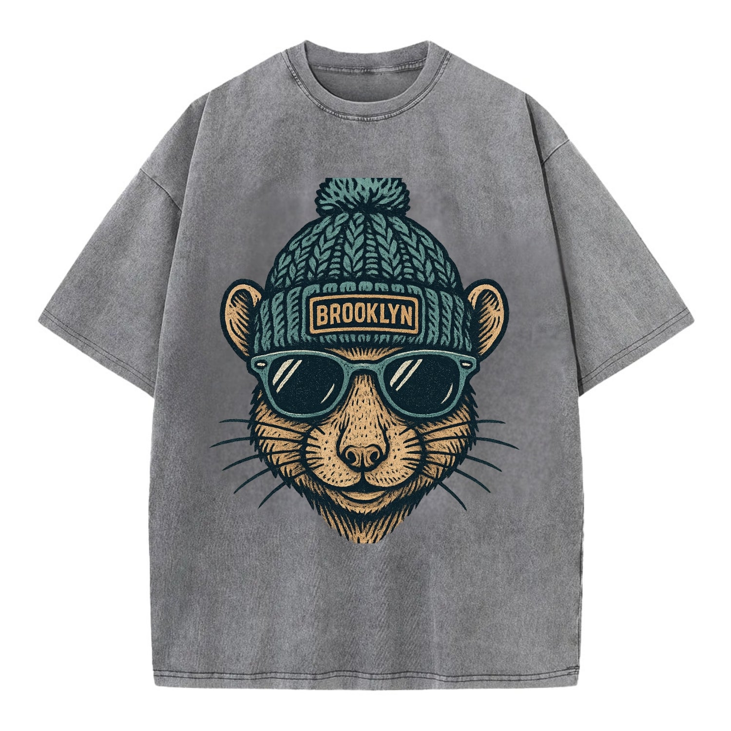 NYC Rat wearing Brooklyn beanie with pom pom and wayfarer sunglasses - Vintage T-shirt - Grey