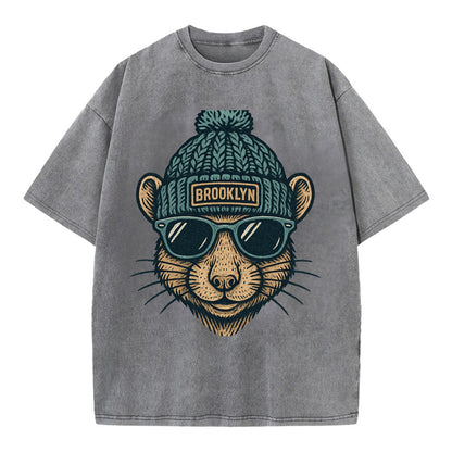 NYC Rat wearing Brooklyn beanie with pom pom and wayfarer sunglasses - Vintage T-shirt - Grey