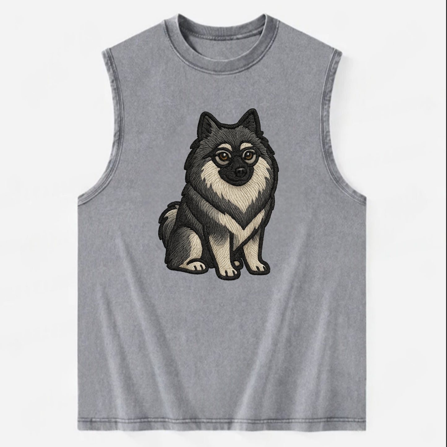 Keeshond - Gray and black spectacles embroidered design - Vintage Washed Tank - Grey