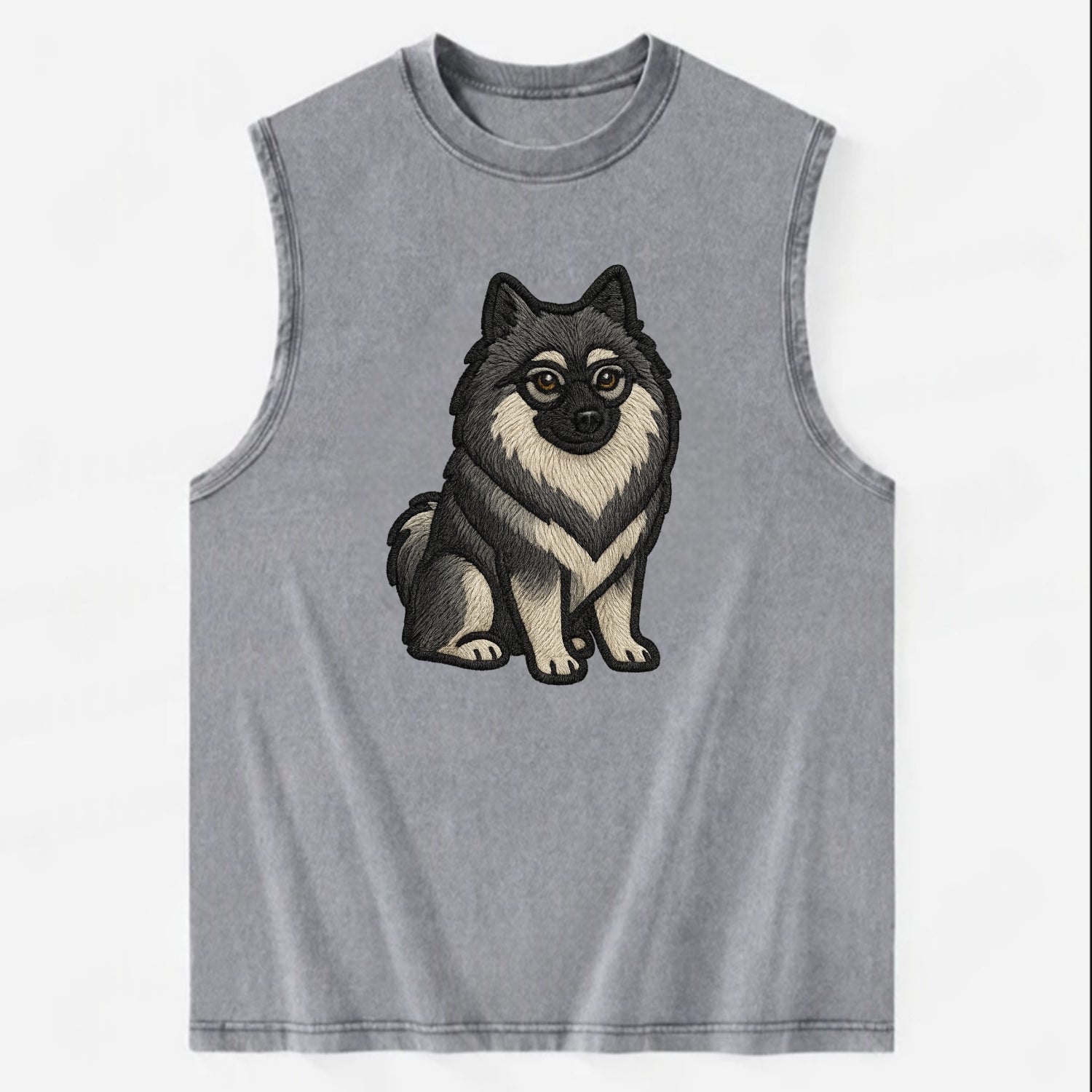 Keeshond - Gray and black spectacles embroidered design - Vintage Washed Tank - Grey