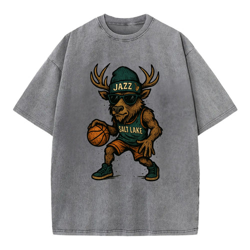 Salt Lake Elk wearing Jazz beanie with saxophone patch and wayfarer sunglasses - Vintage T-shirt
