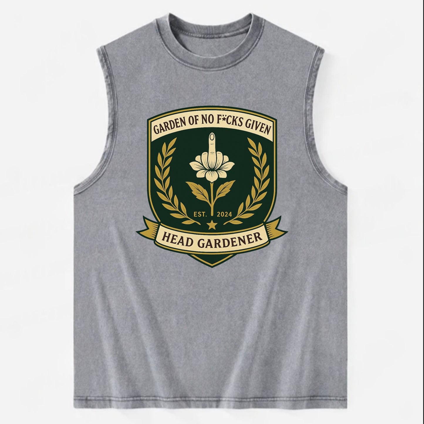 Shield with middle finger flower - "Garden of No F*cks Given - Head Gardener" - Vintage Washed Tank - Grey
