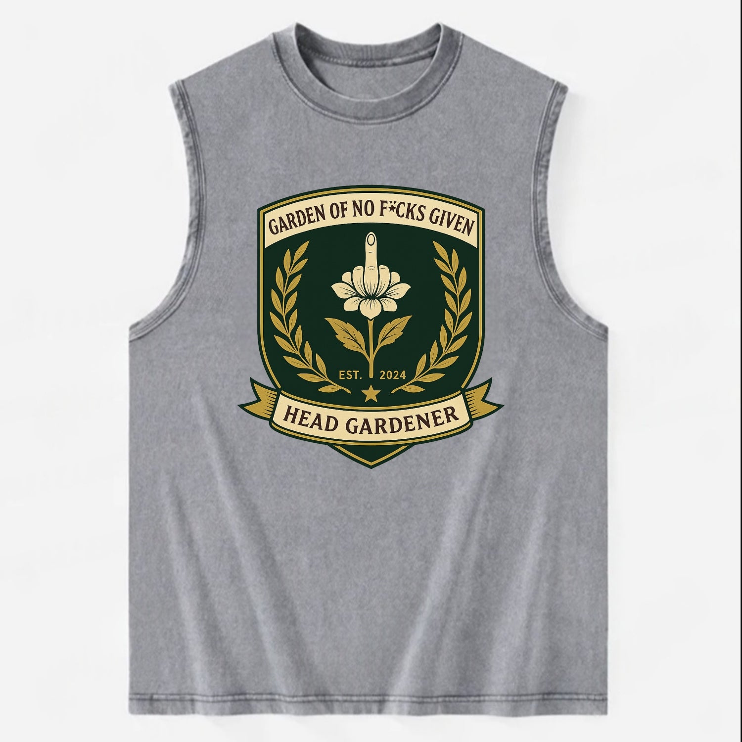 Shield with middle finger flower - "Garden of No F*cks Given - Head Gardener" - Vintage Washed Tank - Grey