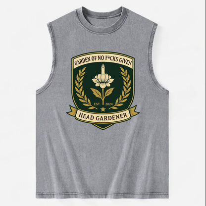 Shield with middle finger flower - "Garden of No F*cks Given - Head Gardener" - Vintage Washed Tank - Grey
