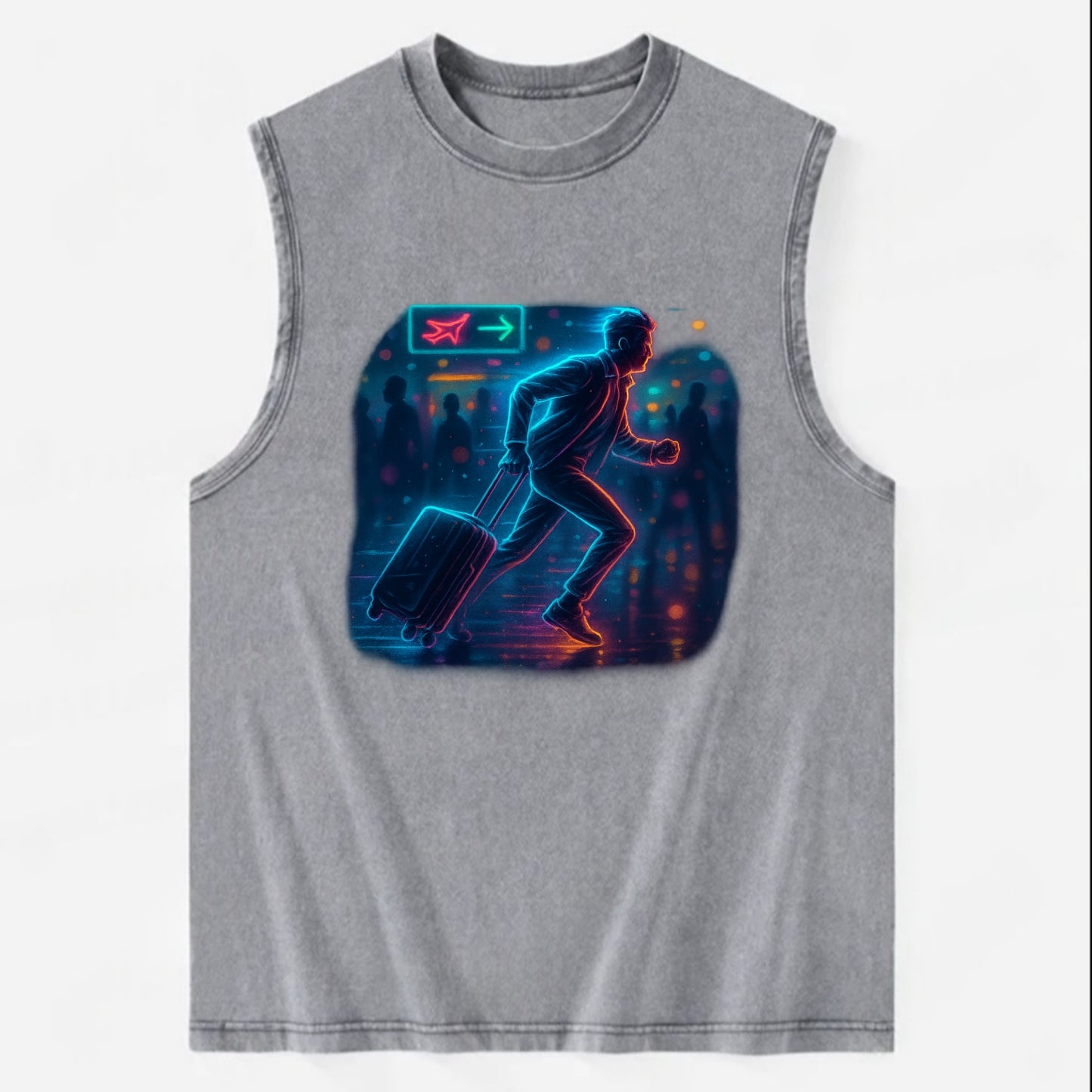 person running with luggage through crowded airport terminal - Vintage Washed Tank - Grey