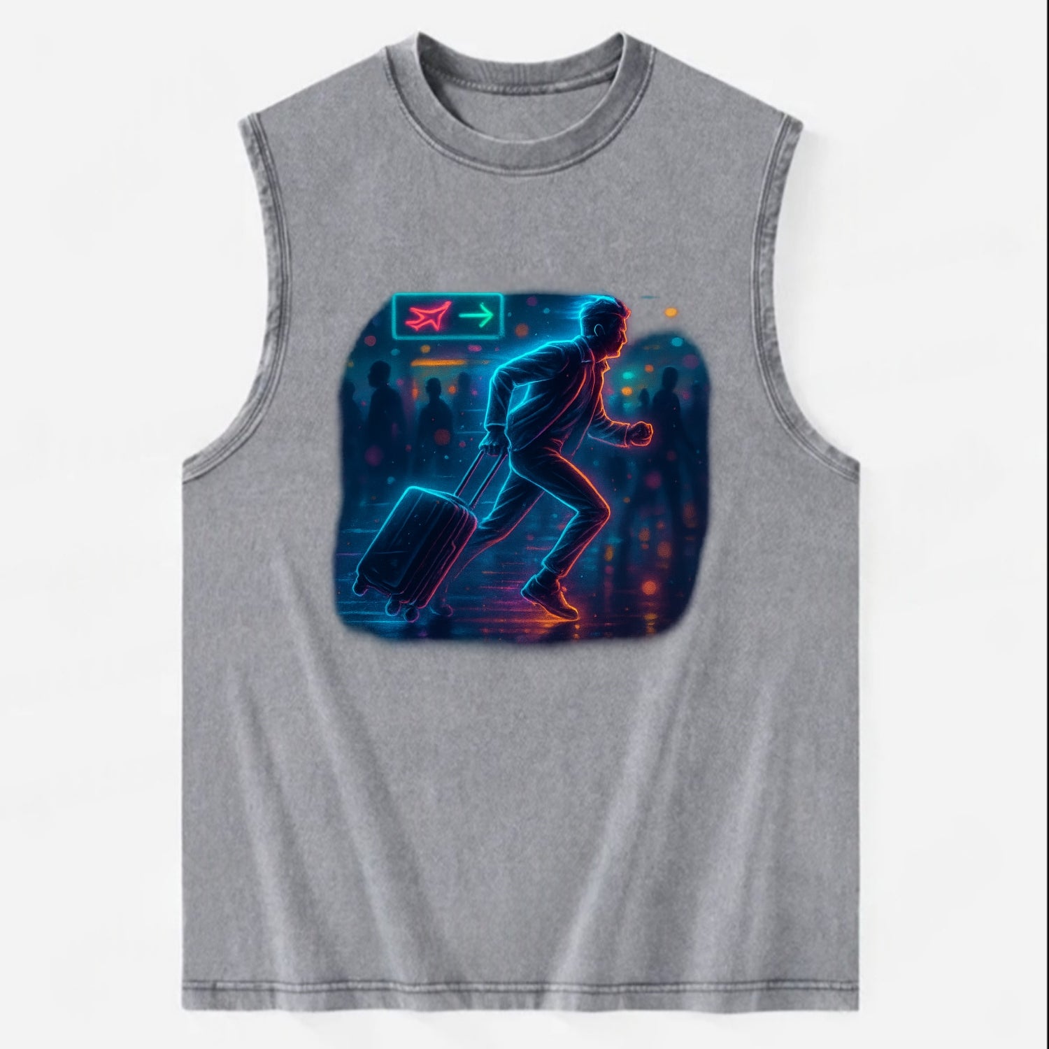 person running with luggage through crowded airport terminal - Vintage Washed Tank - Grey