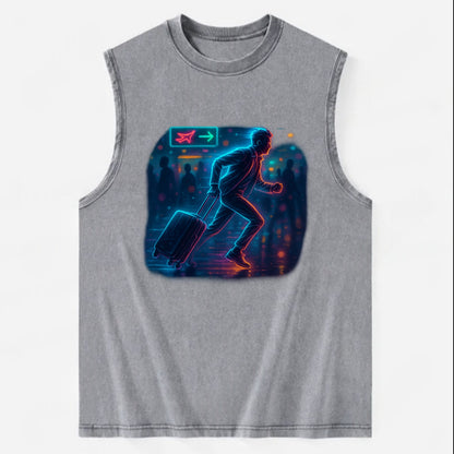 person running with luggage through crowded airport terminal - Vintage Washed Tank - Grey