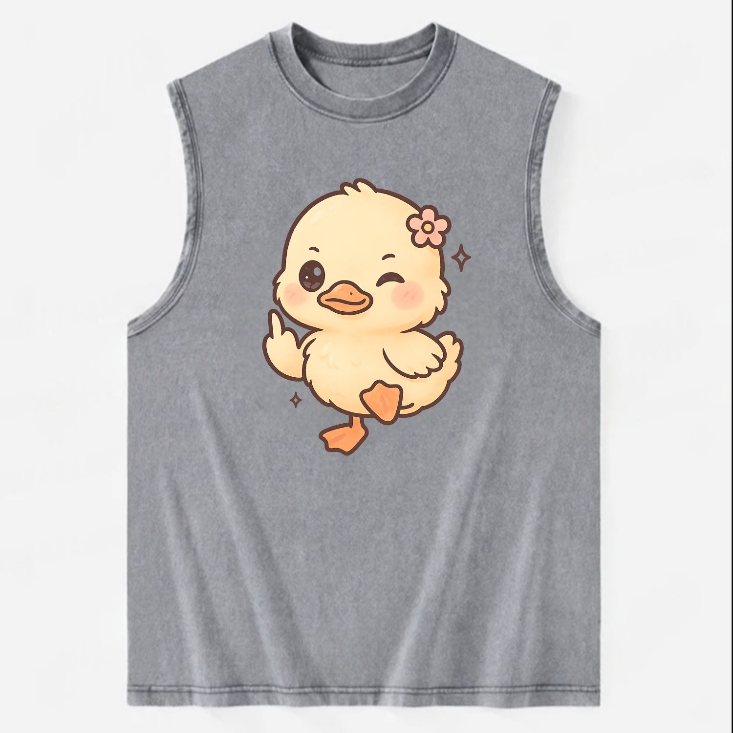 fluffy baby duck with small flower, one webbed foot raised sassily - Vintage Washed Tank - Grey