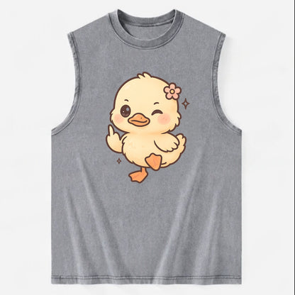 fluffy baby duck with small flower, one webbed foot raised sassily - Vintage Washed Tank - Grey