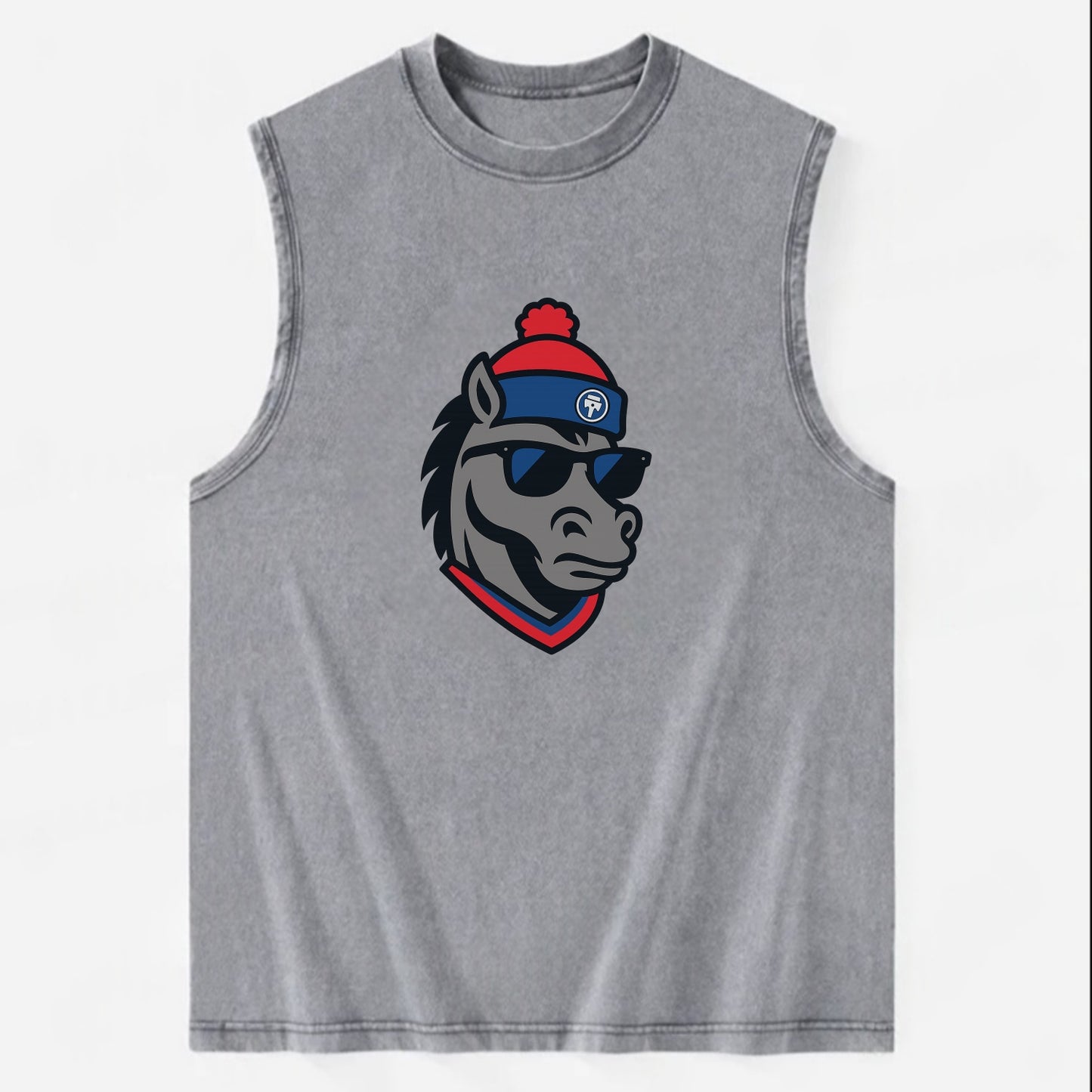 Detroit Stallion wearing Pistons red and blue beanie with piston patch and - Vintage Washed Tank - Grey