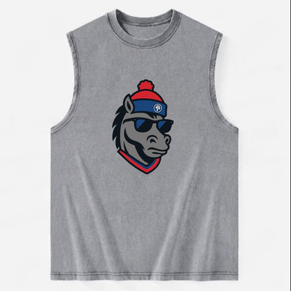 Detroit Stallion wearing Pistons red and blue beanie with piston patch and - Vintage Washed Tank - Grey