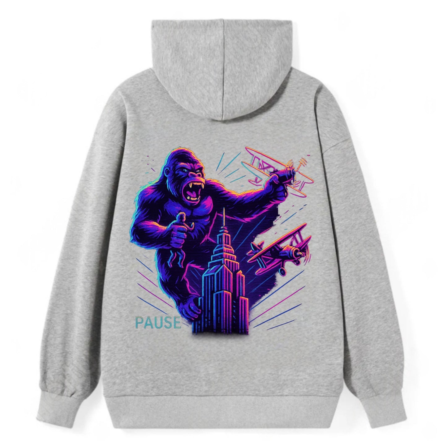 giant gorilla on top of skyscraper holding small figure, swatting planes - Classic Pullover Hoodie - Grey