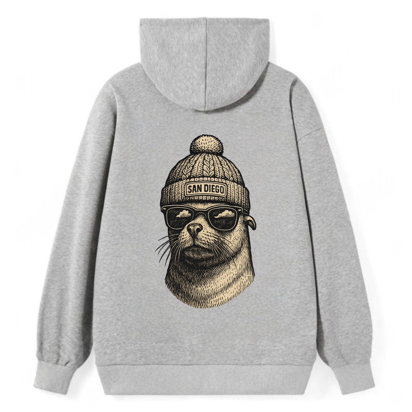 San Diego Sea Lion wearing San Diego beanie with pom pom and wayfarer - Classic Pullover Hoodie - Grey