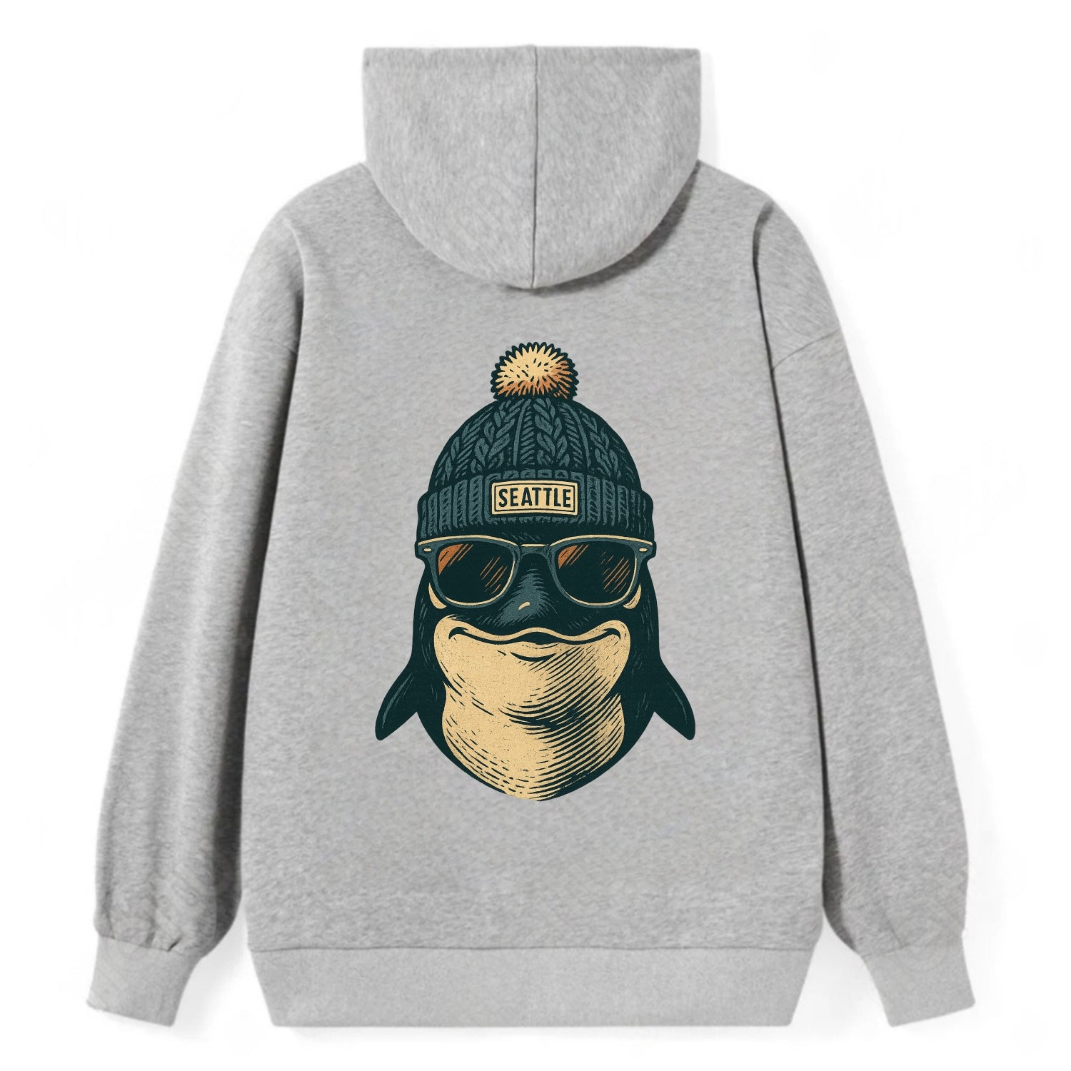 Washington Orca wearing Seattle beanie with pom pom and wayfarer - Classic Pullover Hoodie - Grey